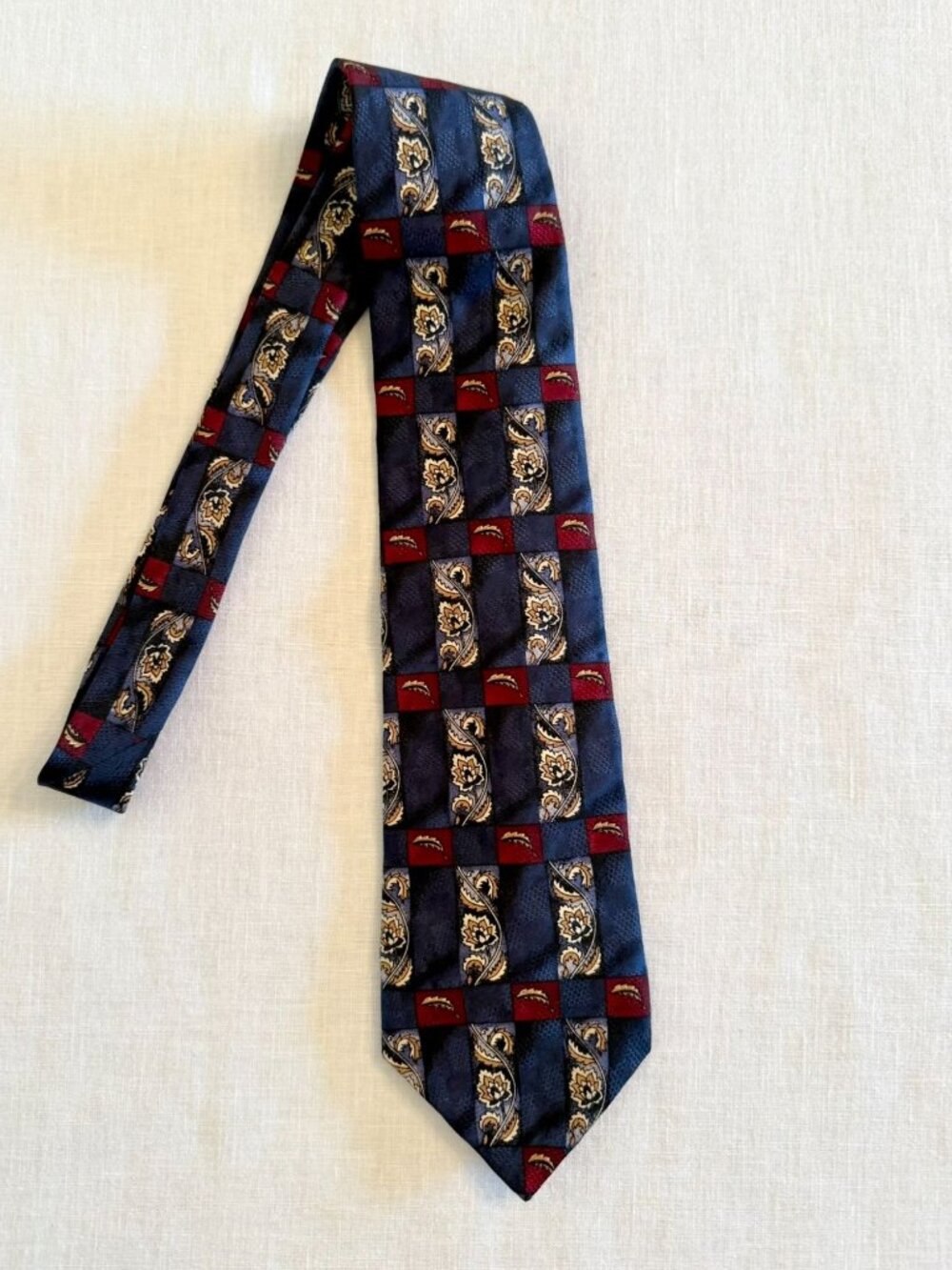 Vintage New Haven Silk Tie Navy Paisley Floral Striped Burgundy Made USA